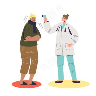 医生用红外线温度计测量体温示意图