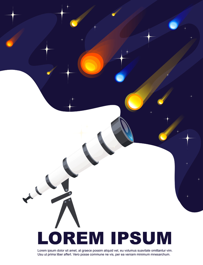 通过望远镜观察不同颜色和形状的流星和彗星