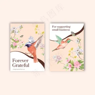 感谢卡模板与春天和鸟的问候和邀请水彩插画概念设计