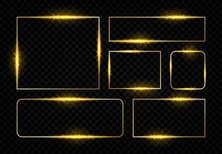 闪亮的金色镜框。方形的魔法边界上有闪闪发光的金线和闪光。金色现代设计电动未来主义彩框