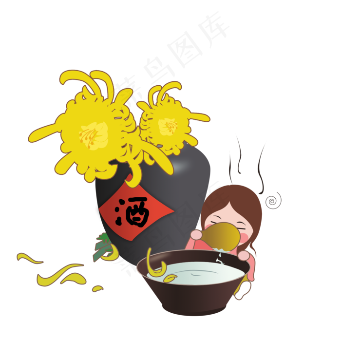 重阳节手绘卡通重阳菊花酒贪喝(2000X2000(DPI:300))psd模版下载