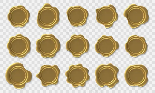 金蜡印章。信封复古邮戳，优质黄金皇家批准蜡印章和安全邮资证书和精英文凭图标集