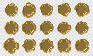 金蜡印章。信封复古邮戳，优质黄金皇家批准蜡印章和安全邮资证书和精英文凭图标集