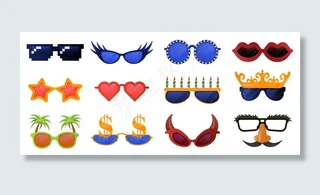 有趣的派对眼镜。狂欢节，化装太阳镜，摄影棚派对装饰眼镜插图图标集。化妆眼镜系列，有趣的胡子和面具