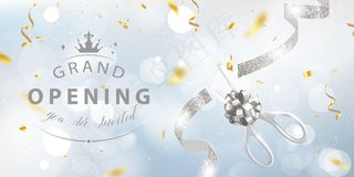 金色丝带背景闪光框架模板的盛大开幕卡。