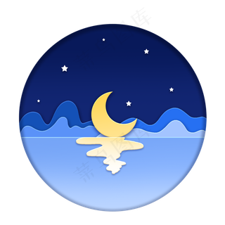 中秋节剪纸风倒影中的月亮