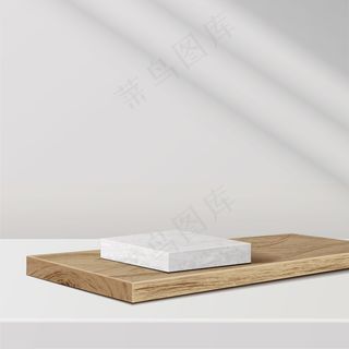 几何形式的最小场景。大理石平台在木制平台上，阳光照射在白色背景上。现场展示化妆品、陈列柜、店面、陈列柜。3d插图。