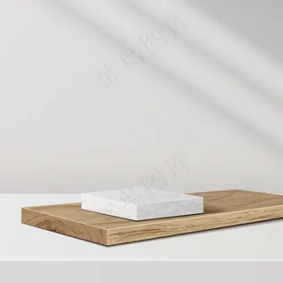 几何形式的最小场景。大理石平台在木制平台上，阳光照射在白色背景上。现场展示化妆品、陈列柜、店面、陈列柜。3d插图。