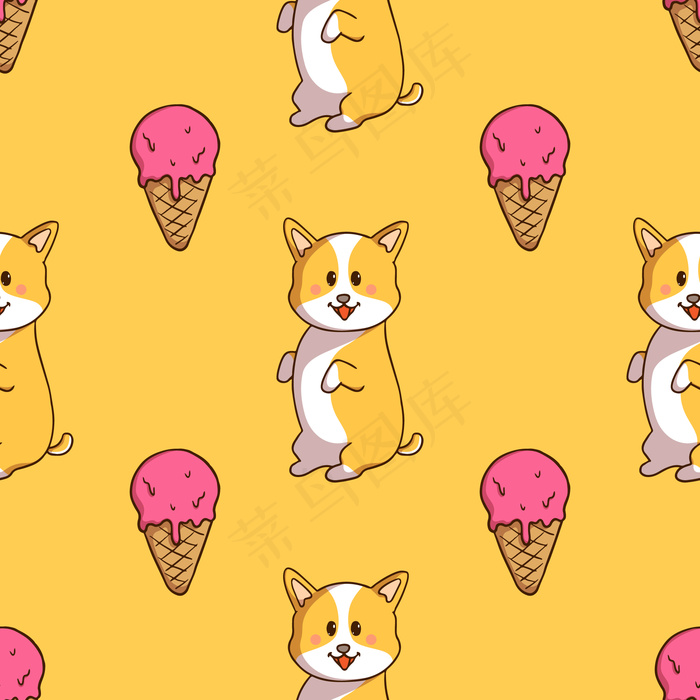 可爱的高尔基站立和冰淇淋筒在无缝模式与涂鸦风格的黄色背景
