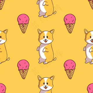 可爱的高尔基站立和冰淇淋筒在无缝模式与涂鸦风格的黄色背景