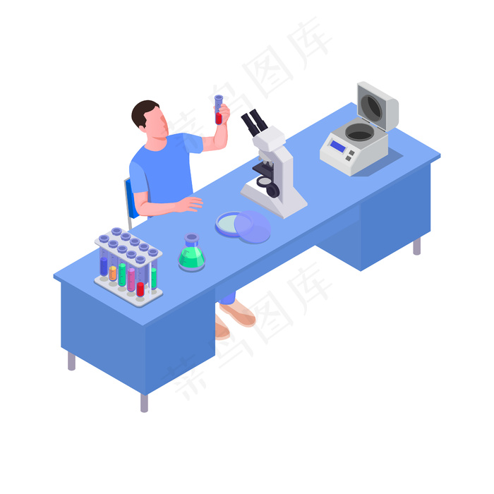 与科学实验室工作人员在办公桌 3d 的等距图