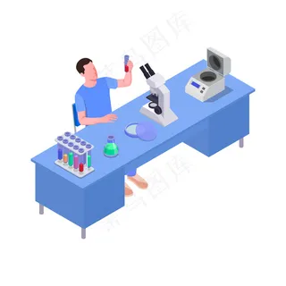 与科学实验室工作人员在办公桌 3d 的等距图