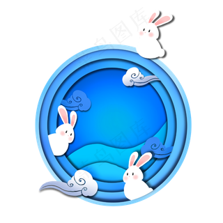 中秋玉兔蓝色剪纸