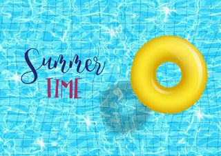夏日泳池派对海报模板，蓝色泳池涟漪水背景，黄色不可辨认的戒指。