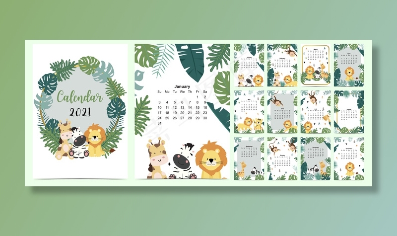 涂鸦狩猎日历集2021年狮子，长颈鹿，斑马，猴子，棕榈商务.can用于可打印图形eps,ai矢量模版下载