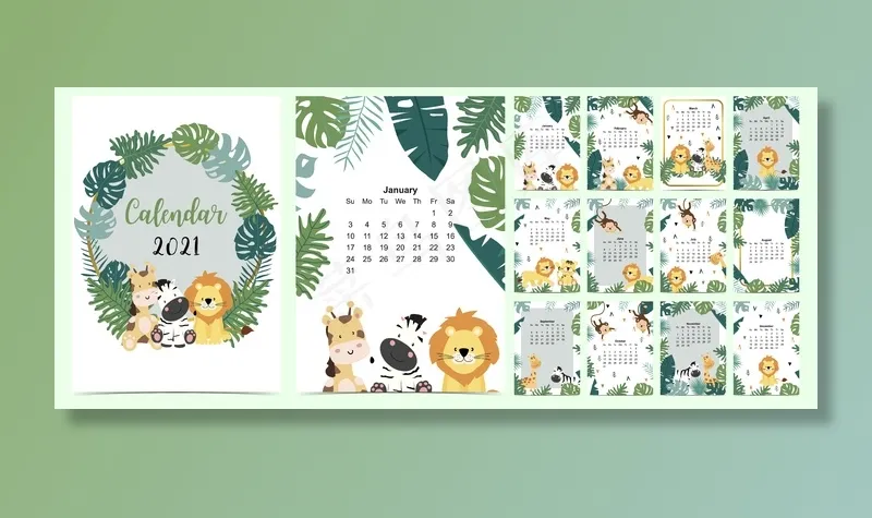 涂鸦狩猎日历集2021年狮子，长颈鹿，斑马，猴子，棕榈商务.can用于可打印图形eps,ai矢量模版下载