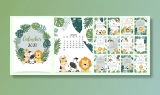涂鸦狩猎日历集2021年狮子，长颈鹿，斑马，猴子，棕榈商务.can用于可打印图形