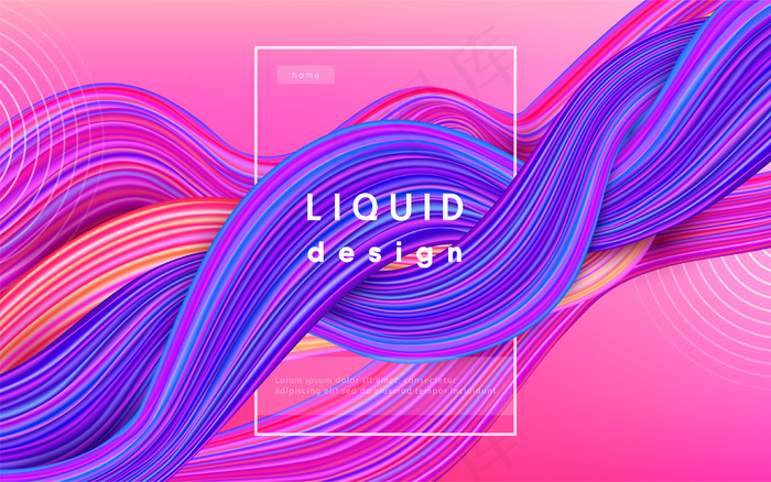 波浪色背景。液体流动绘制三维设计插图。几何动态波浪彩墨艺术概念。