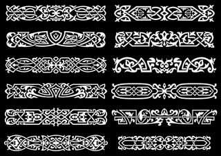 黑色背景上的白色花卉凯尔特装饰边框，用于纹身或室内设计