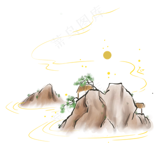 古风水墨月亮和山峰