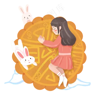 中秋节女孩睡在月饼素材