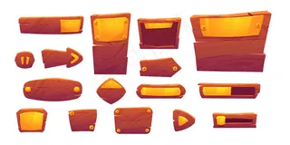 木制和金色纹理的游戏按钮，卡通菜单界面元素