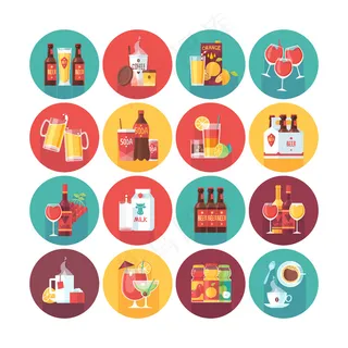 饮料和饮料图标收藏。带长阴影的圆形图标集。食物和饮料。