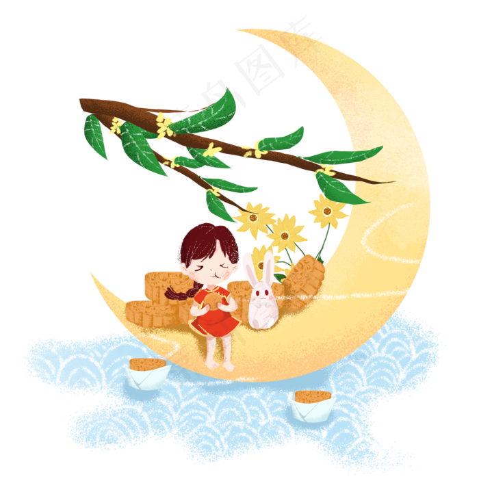 中秋节坐在月亮上吃月饼的女孩