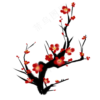 水墨红色梅花花枝