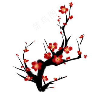水墨红色梅花花枝