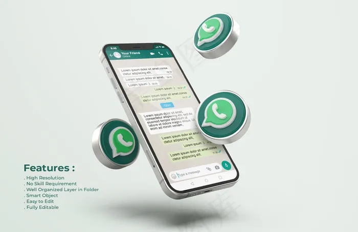 Whatsapp的银色手机模型样机psd模版下载