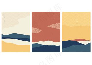 日本波浪图案的景观背景。具有几何图案的抽象模板。亚洲风格的山地布局设计。