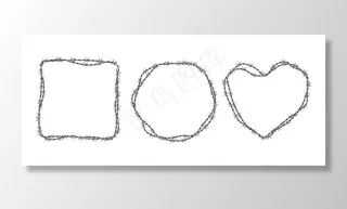 铁丝网装置。圆形、方形和心形框架，由白色带倒钩的扭丝制成