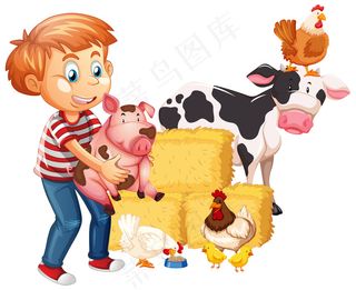 在白色背景下与农场动物隔离的男孩
