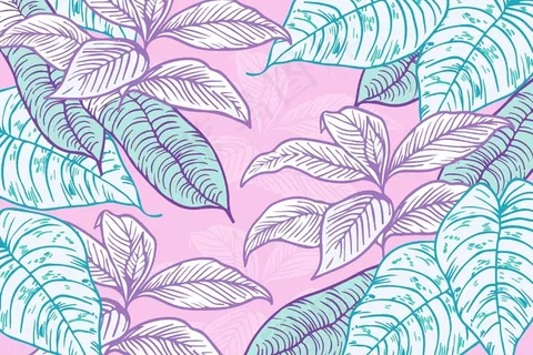 线性热带叶子，有柔和的颜色背景