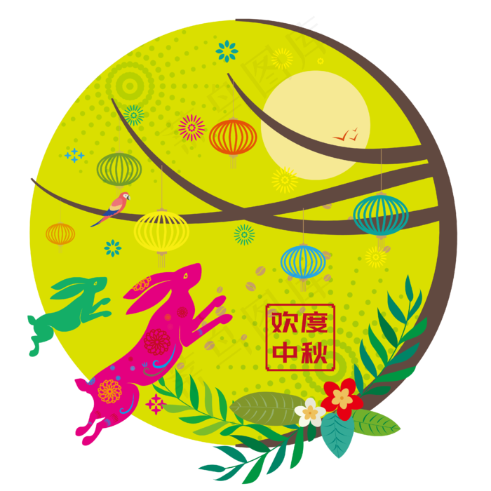 中秋卡通扁平兔子月亮插画合集可