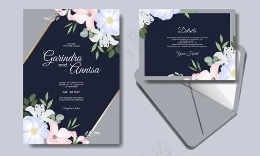 优雅的婚礼请柬模板,带彩色花朵海军蓝高级vektor 优雅的婚礼请柬模板,带彩色花朵海军蓝高级vektor