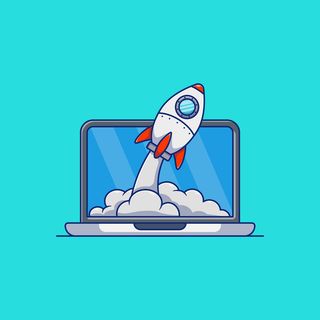 从笔记本电脑飞出的火箭矢量图解设计