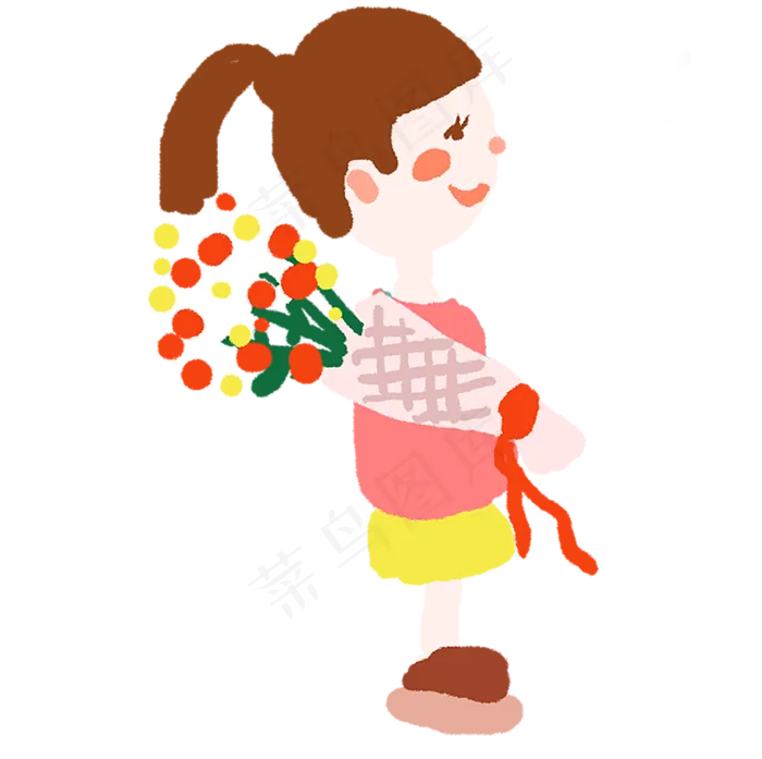 拿着一束花的卡通手绘女孩免抠图(2008X2000(DPI:300))psd模版下载