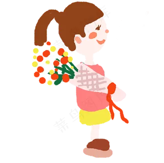 拿着一束花的卡通手绘女孩免抠图