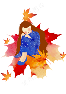 坐在枫叶上的小姐姐