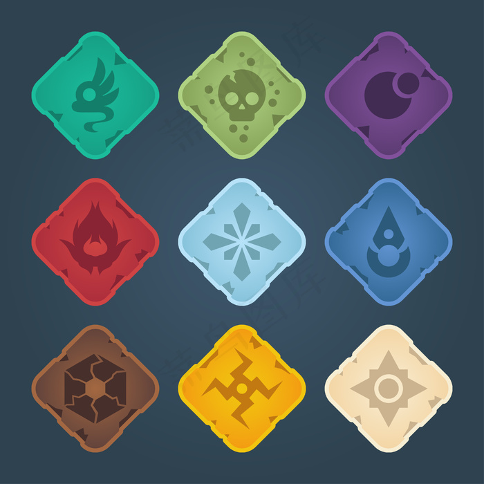 美丽的彩色方形按钮与轻边框。游戏的矢量资源。装饰元素，隔离