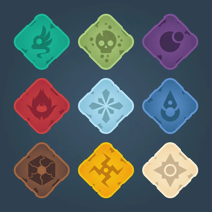 美丽的彩色方形按钮与轻边框。游戏的矢量资源。装饰元素，隔离