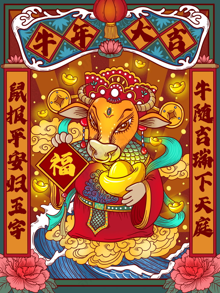 牛年插画 牛年海报 新春海报