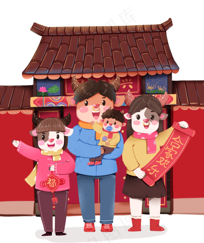 2021年春节红色喜庆牛年全家福(3545X4220(DPI:300))psd模版下载