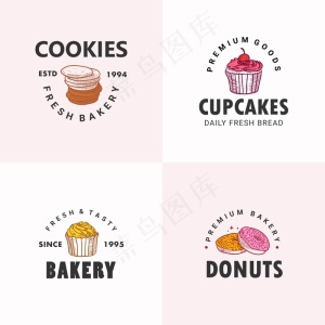 手绘甜甜圈，松饼，纸杯蛋糕，饼干，商标插图