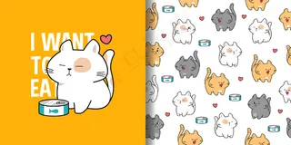 可爱的手绘胖乎乎的猫无缝图案