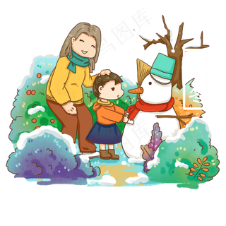 立冬场景人物元素母女亲情堆雪人