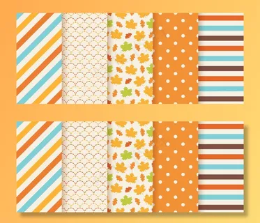 秋季图案。秋叶、圆点、条纹和鱼鳞的无缝印花。季节性几何纹理。彩色卡通插画。可爱的抽象背景。橙色壁纸。 秋季图案。秋叶、圆点、条纹和鱼鳞的无缝印花。季节性几何纹理。彩色卡通插画。可爱的抽象背景。橙色壁纸。