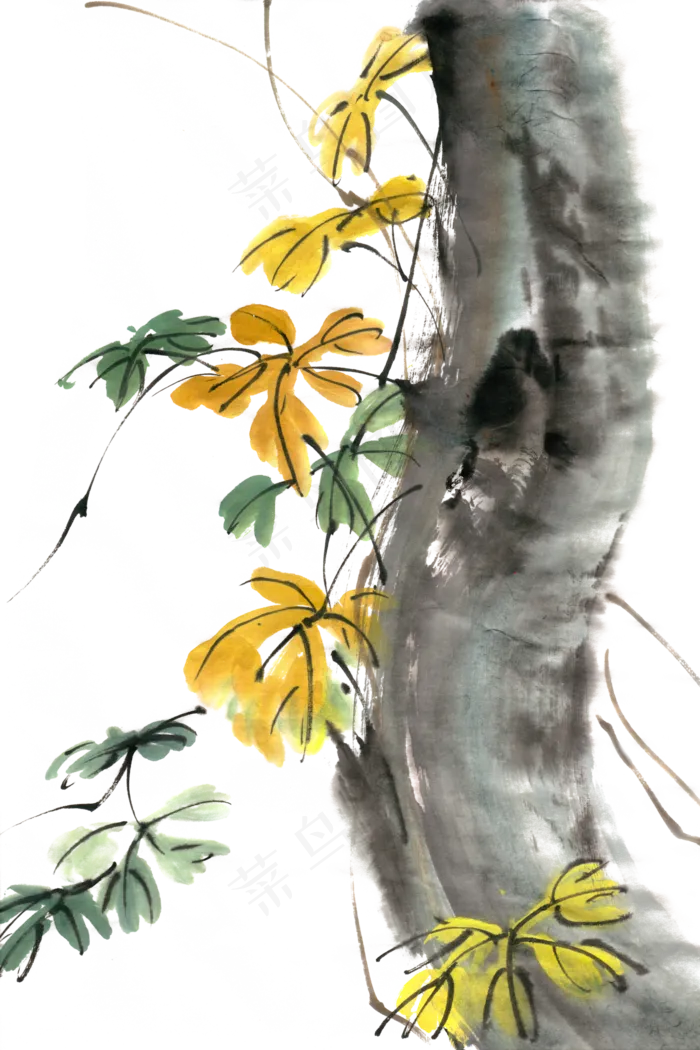 秋天的黄叶水墨画PNG免抠素材(3545X5315(DPI:300))psd模版下载